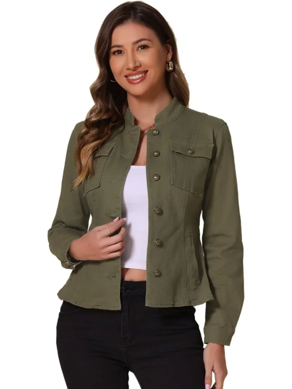 Women's Green Classic Stand Collar Long Sleeve Denim Jackets Flap Chest Pockets